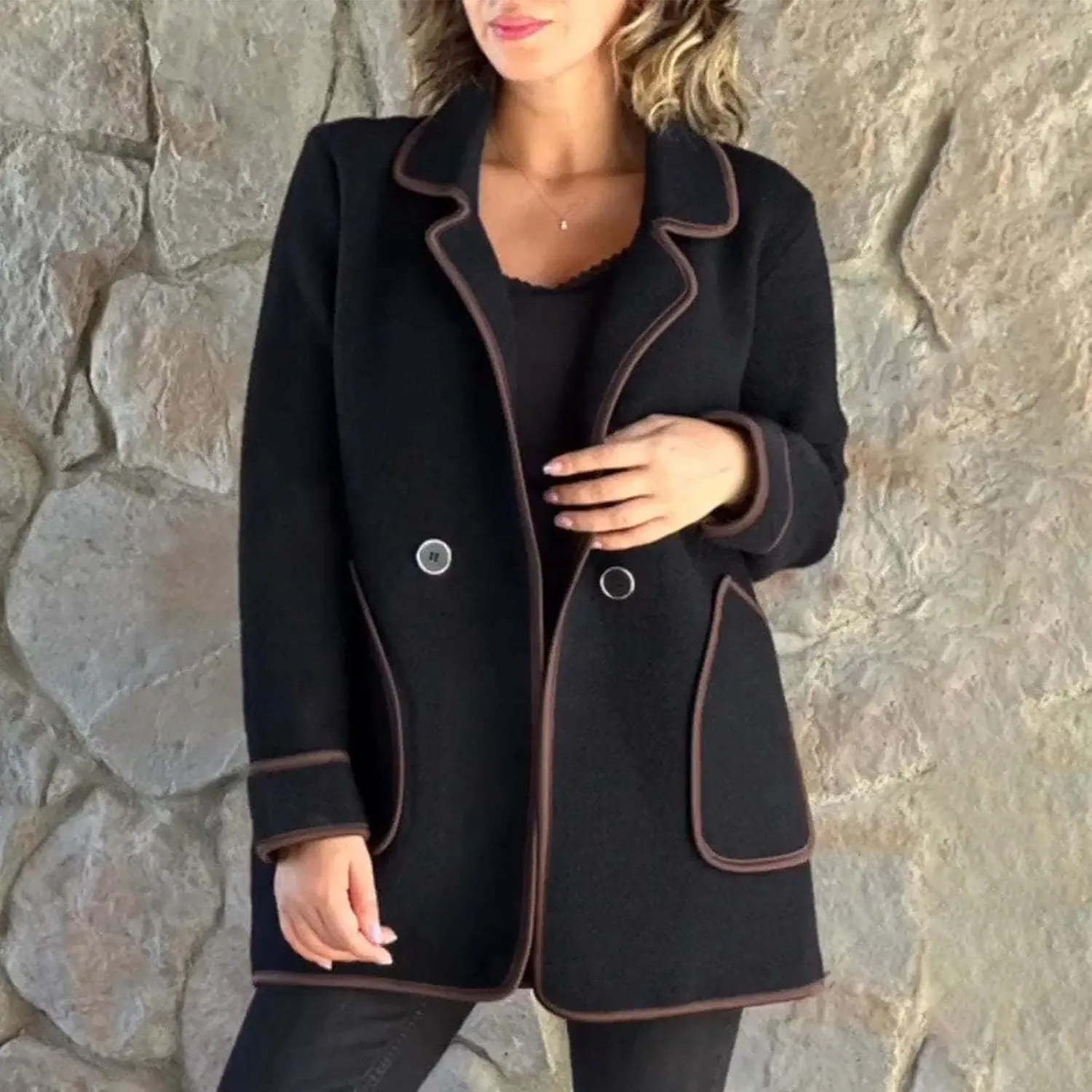 Notch Lapel Coats Button Down Casual Coat for Women Business Blend Pea Coats Double Breasted Short Woolen Jackets