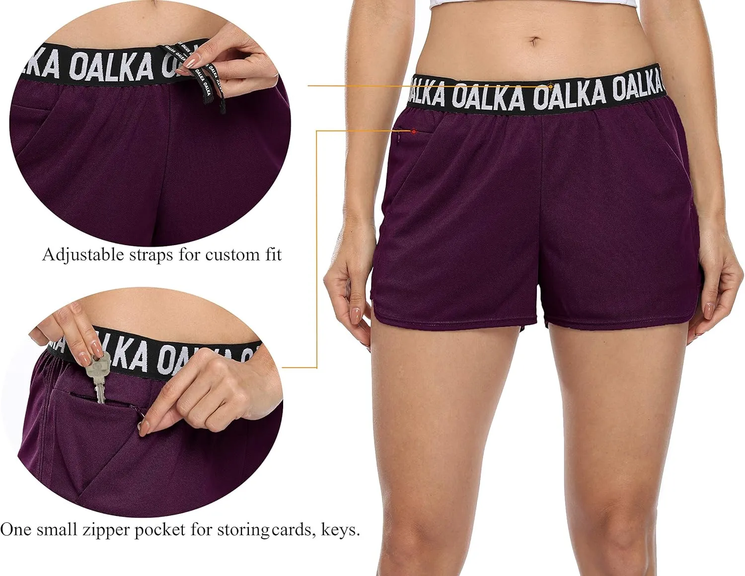 Oalka Women's Running Shorts Out Side Pockets Sports Athletic Workout Fittness Lightweight Gym Shorts