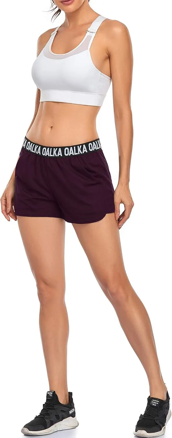 Oalka Women's Running Shorts Out Side Pockets Sports Athletic Workout Fittness Lightweight Gym Shorts