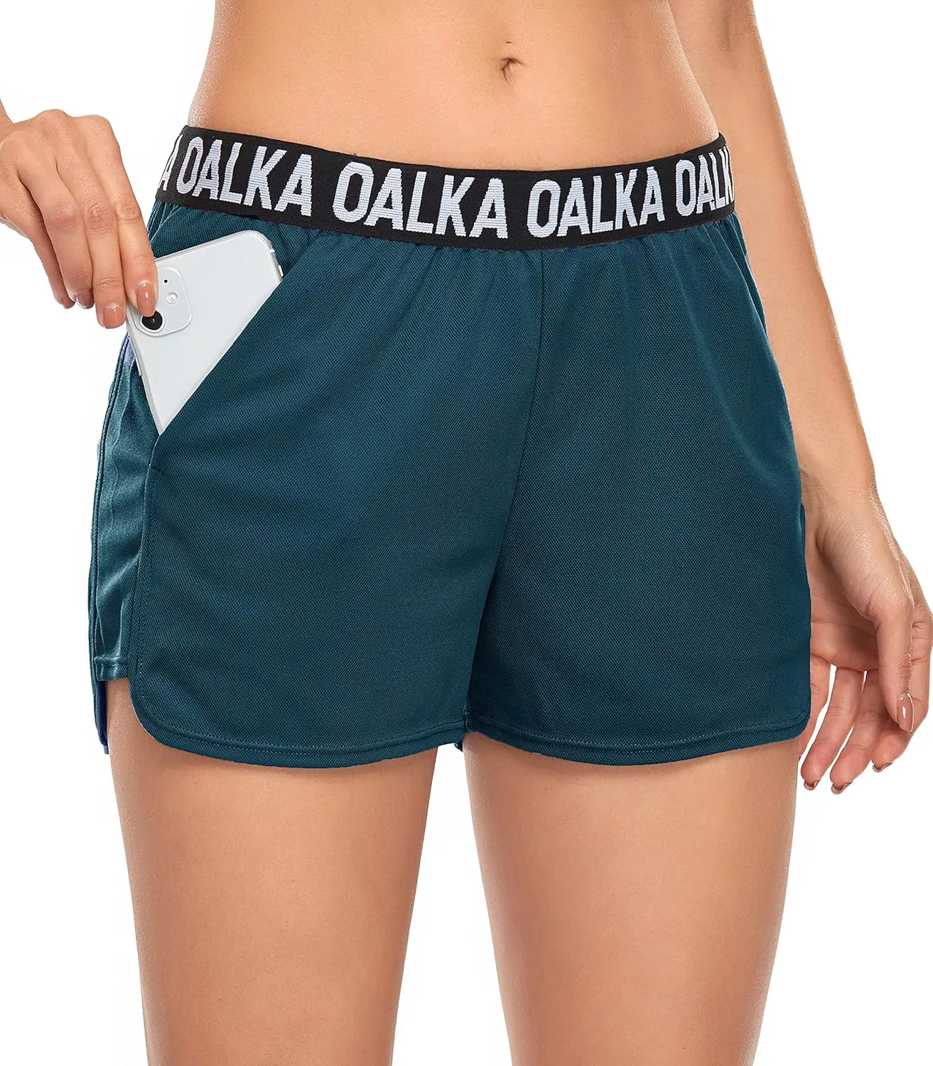 Oalka Women's Running Shorts Out Side Pockets Sports Athletic Workout Fittness Lightweight Gym Shorts