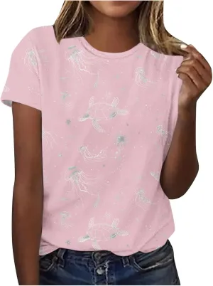 Ocean Wildlife Sea Turtle Graphic T-Shirt Women Vintage Animal Print Shirt Hawaiian Summer Beach Tee Vacation Tops
