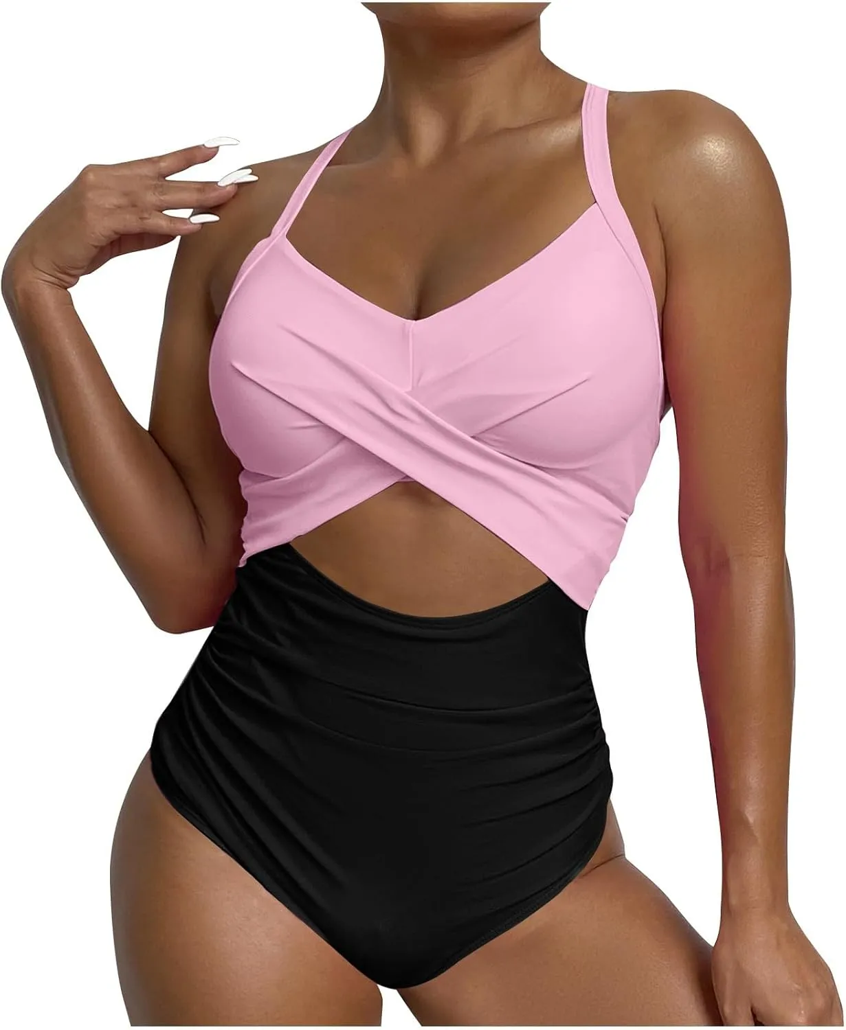 One Piece Swimsuits Women Tummy Control Thong Monokini Cutout High Waisted Bathing Suit Criss Cross Tie Back Monokinis