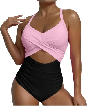 One Piece Swimsuits Women Tummy Control Thong Monokini Cutout High Waisted Bathing Suit Criss Cross Tie Back Monokinis