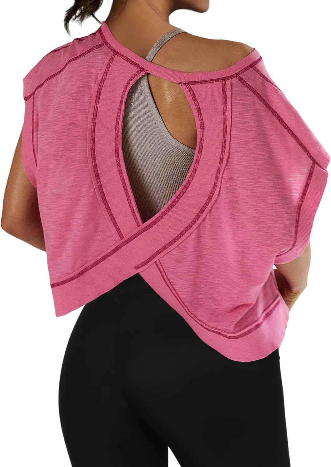 Open Back Workout Shirts for Women Oversized Short Sleeve Athletic Crop Tops Loose Casual Sexy Gym Yoga T-Shirts