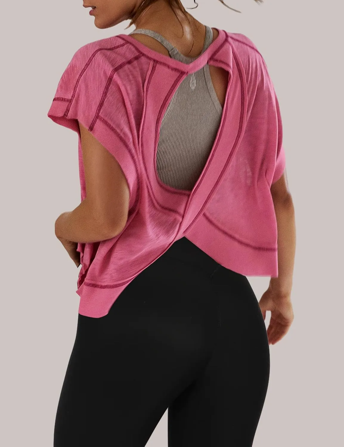 Open Back Workout Shirts for Women Oversized Short Sleeve Athletic Crop Tops Loose Casual Sexy Gym Yoga T-Shirts