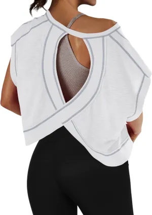 Open Back Workout Shirts for Women Oversized Short Sleeve Athletic Crop Tops Loose Casual Sexy Gym Yoga T-Shirts