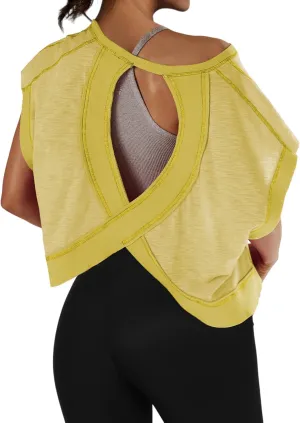 Open Back Workout Shirts for Women Oversized Short Sleeve Athletic Crop Tops Loose Casual Sexy Gym Yoga T-Shirts