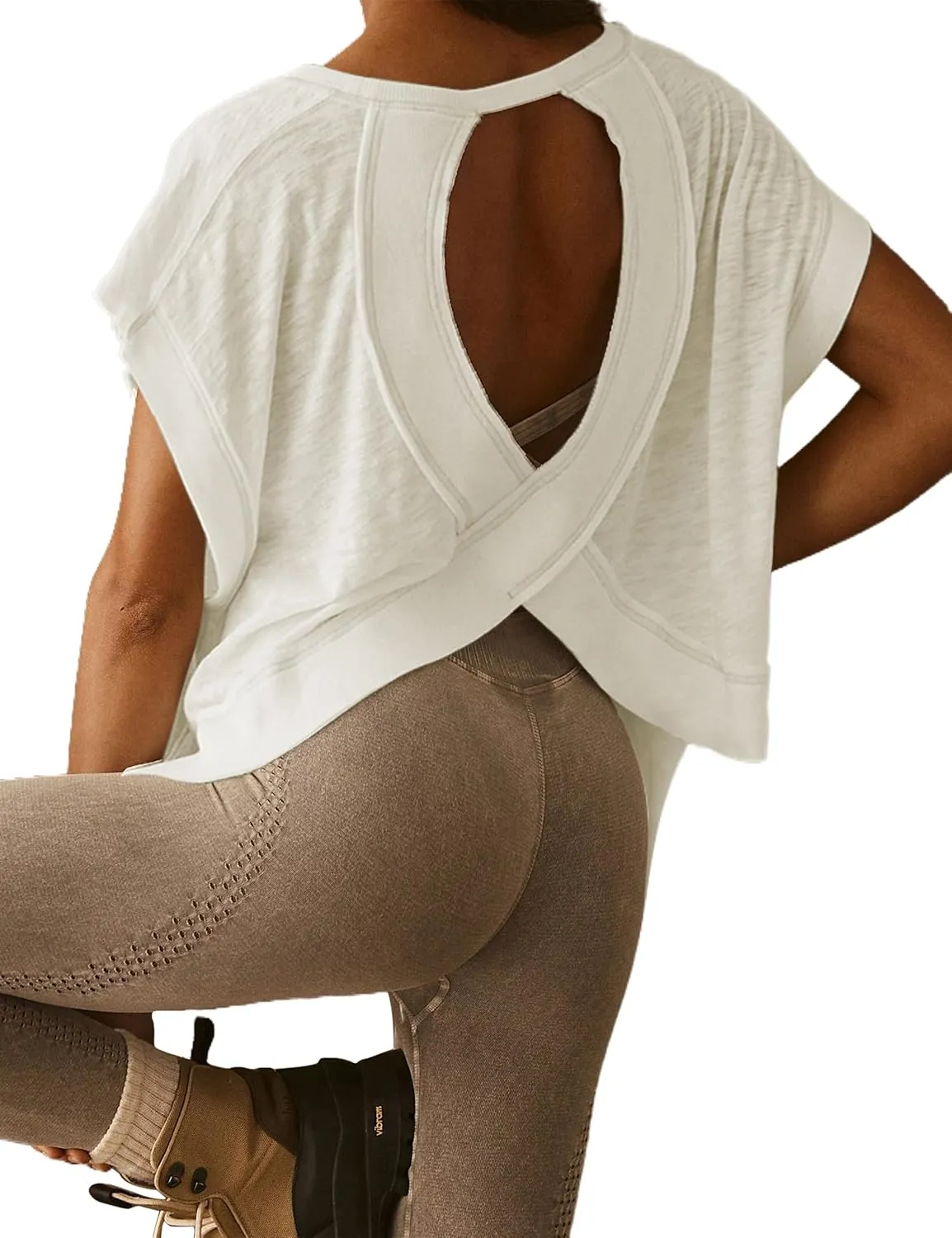 Open Back Workout Shirts for Women Oversized Short Sleeve Athletic Crop Tops Loose Casual Sexy Gym Yoga T-Shirts