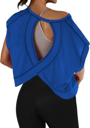 Open Back Workout Shirts for Women Oversized Short Sleeve Athletic Crop Tops Loose Casual Sexy Gym Yoga T-Shirts