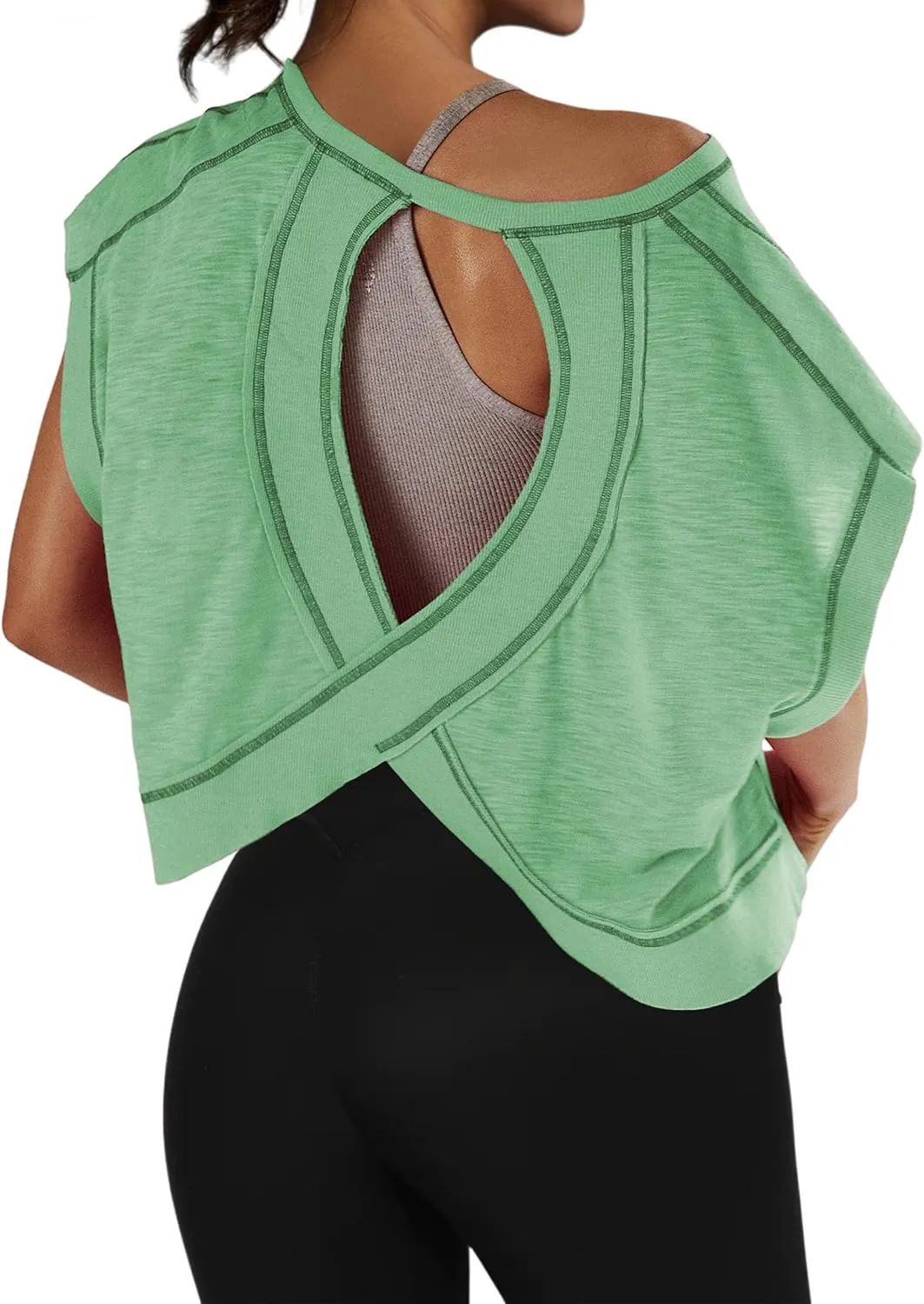 Open Back Workout Shirts for Women Oversized Short Sleeve Athletic Crop Tops Loose Casual Sexy Gym Yoga T-Shirts