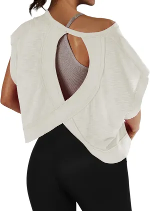 Open Back Workout Shirts for Women Oversized Short Sleeve Athletic Crop Tops Loose Casual Sexy Gym Yoga T-Shirts