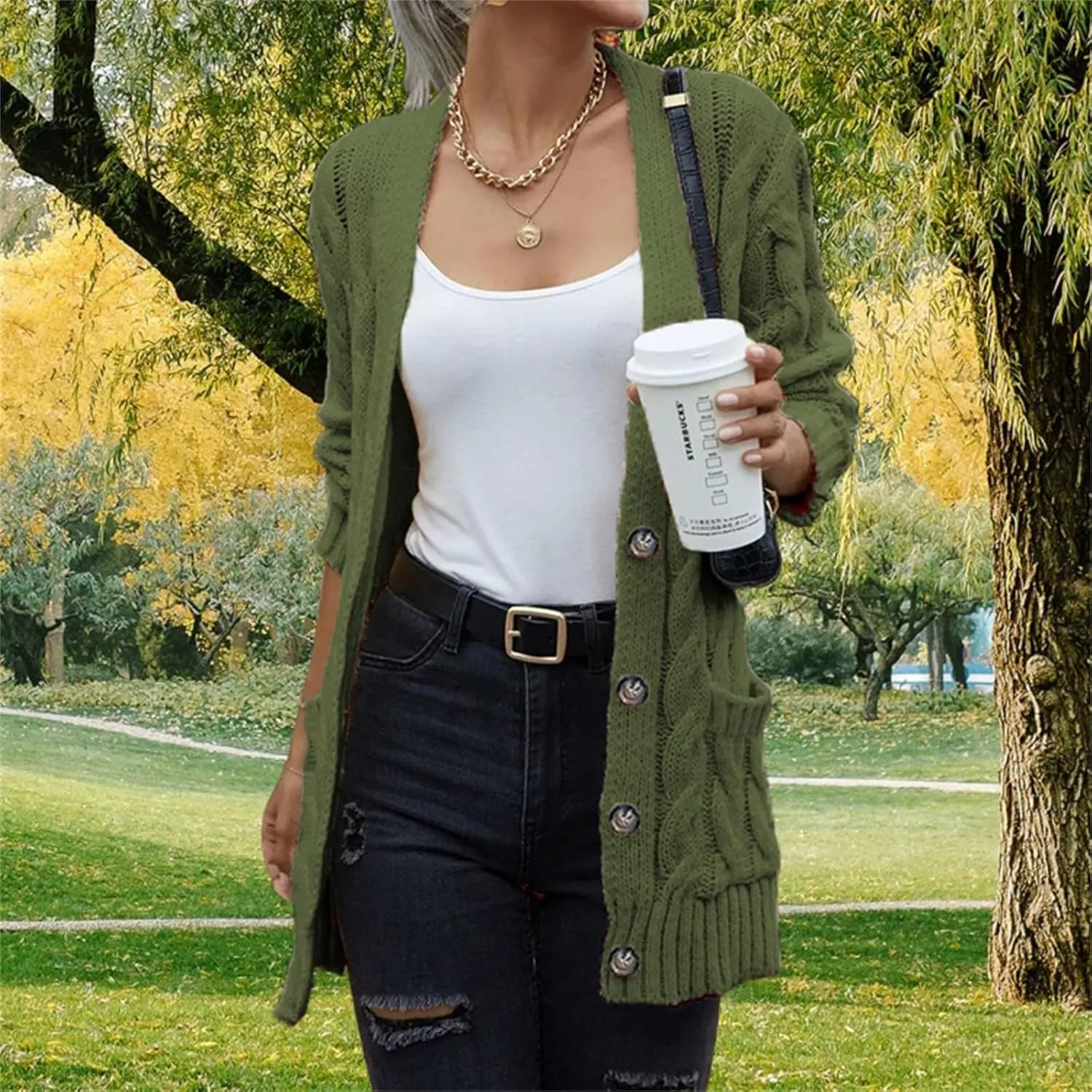 Open Front Cardigan Sweaters for Women Fall Long Sleeve Button Down Cable Knit Chunky Sweater Outwear Coats