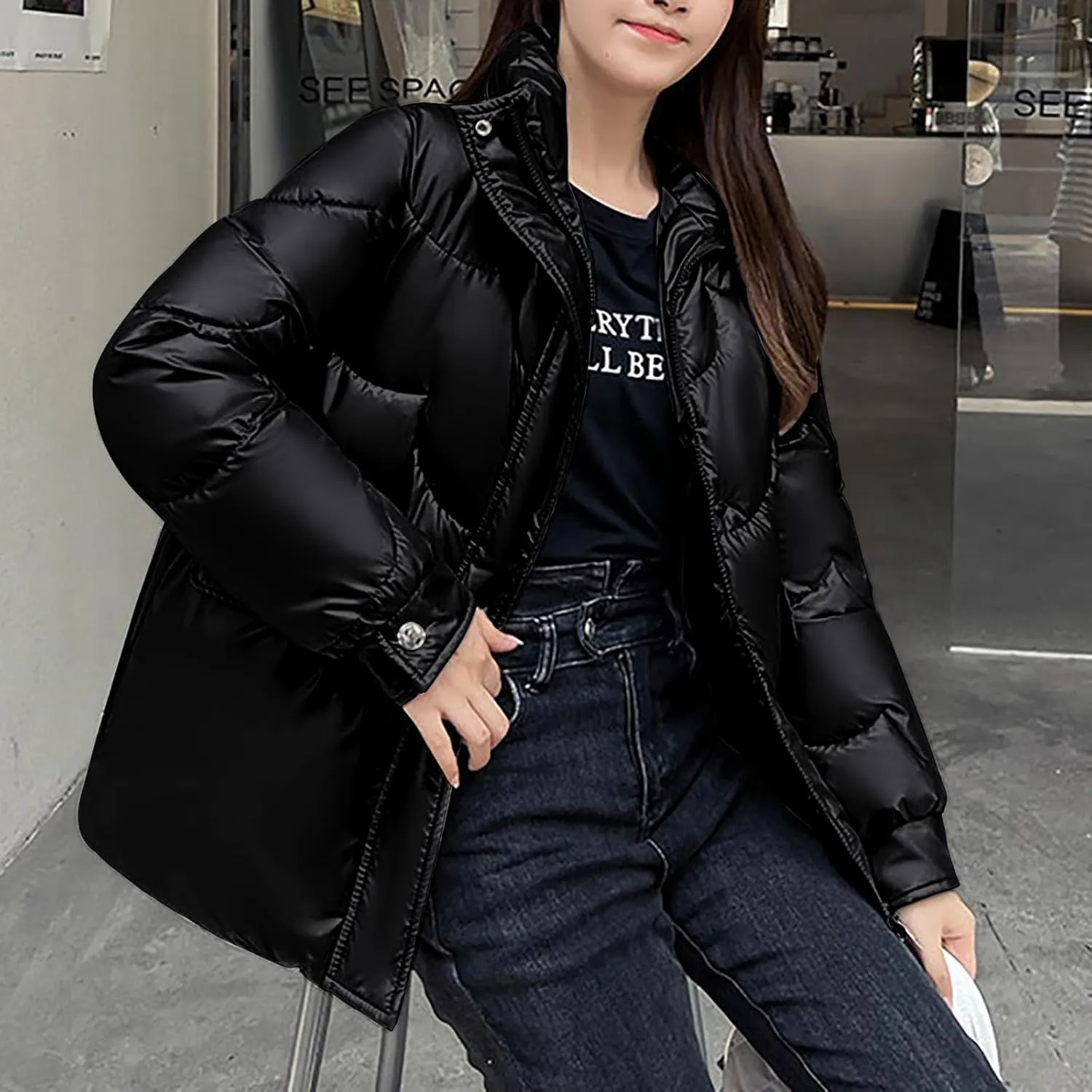 Oversized Coats for Women Puffer Jackets 2023 Winter Warm Long Sleeve Down Parkas with Pockets Comfy Loose Outwear