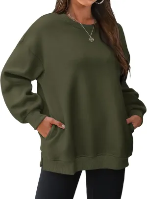 Oversized Crewneck Sweatshirts for Women Soft Fleece Long Sleeve Casual Cute Pullover Top Comfy Fall Clothes Pocket