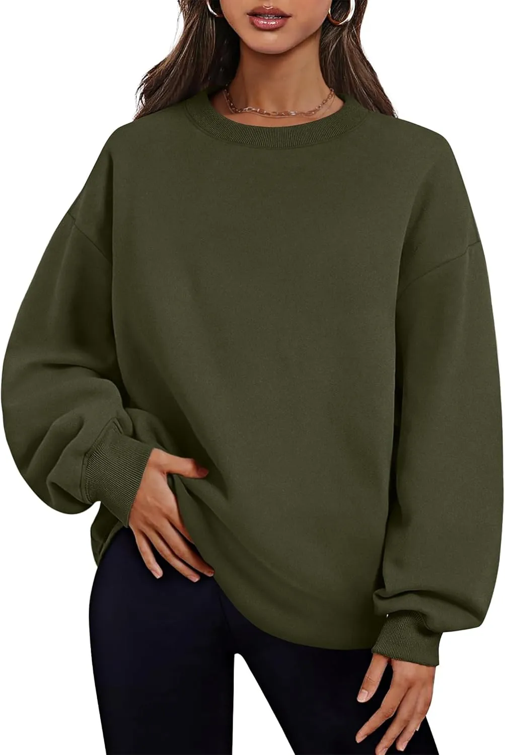 Oversized Crewneck Sweatshirts for Women Soft Fleece Long Sleeve Casual Cute Pullover Top Comfy Fall Clothes Pocket