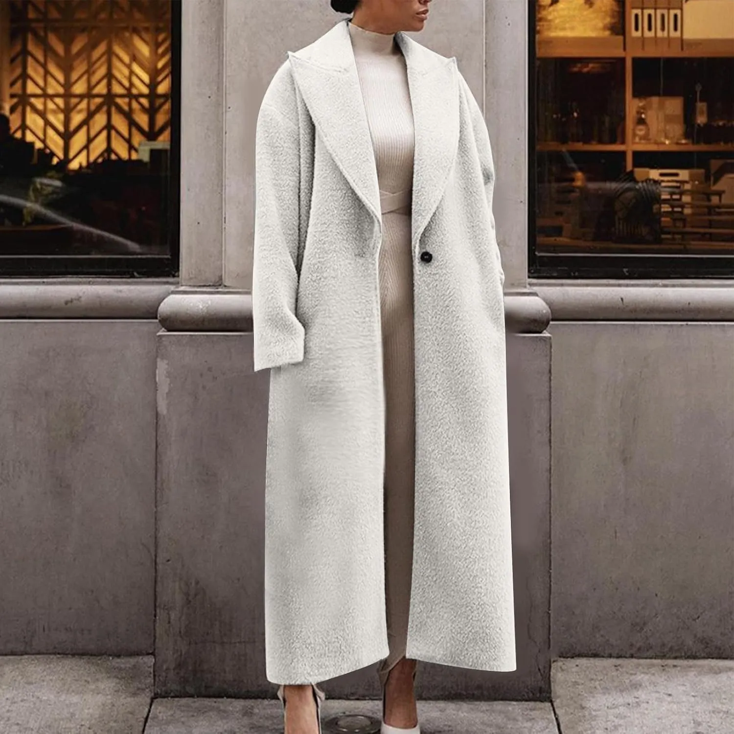 Oversized Trench Coat for Women Wool Blend Jackets Open Front Ankle Length Long Sleeve Lapel Comfy Warm Overcoat