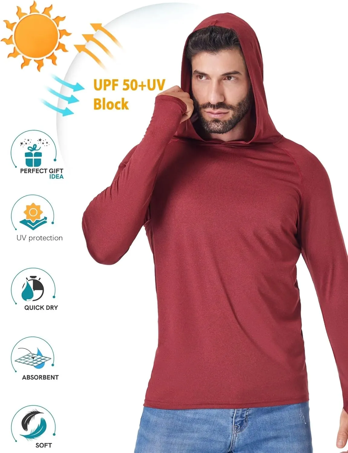 OYGSieg Men's Athletic Hoodies Long Sleeve Fishing Shirts for Men UPF 50  SPF UV Sun Protection Shirts Rash Guards