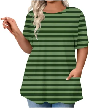 Plus Size Striped Tunic Tops for Women Summer Short Sleeve Crewneck Oversized T Shirt Fashion Cozy Casual Blouse with Pockets