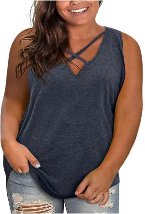 Plus Size Tank Tops for Women Criss Cross V Neck Sleeveless T-Shirts Business Casual Tunic Blouse Oversized Clothes