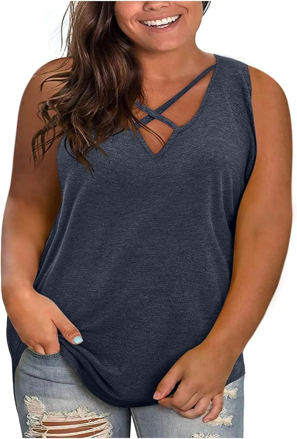 Plus Size Tank Tops for Women Criss Cross V Neck Sleeveless T-Shirts Business Casual Tunic Blouse Oversized Clothes