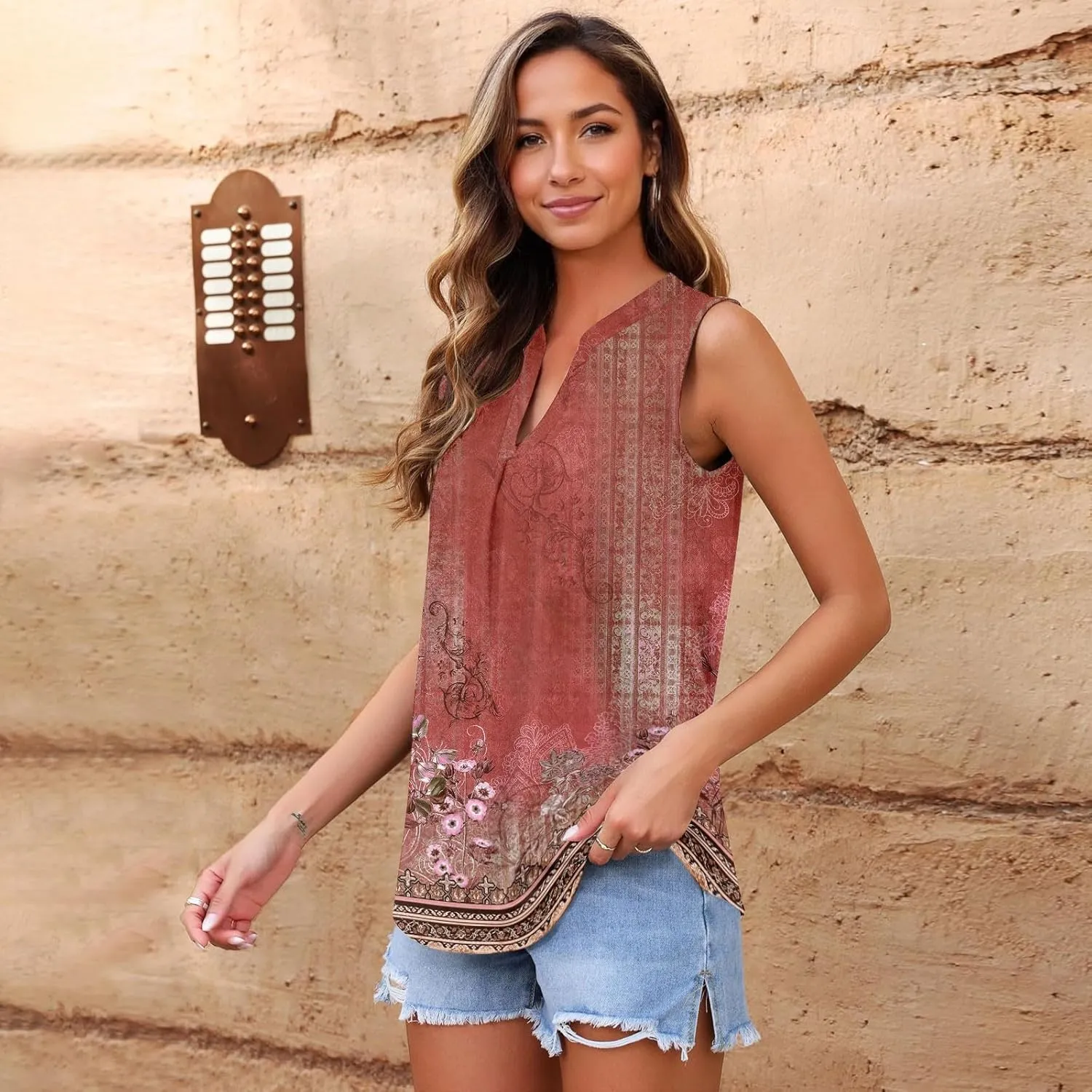 Popular Womens Casual V Neck Loose Sleeveless Top T-Shirt Summer Fashion Floral Printed Tops Flowy Camisole Basic