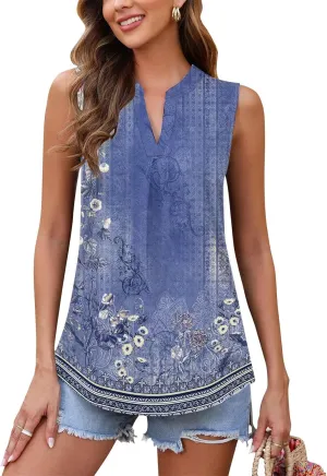 Popular Womens Casual V Neck Loose Sleeveless Top T-Shirt Summer Fashion Floral Printed Tops Flowy Camisole Basic