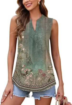 Popular Womens Casual V Neck Loose Sleeveless Top T-Shirt Summer Fashion Floral Printed Tops Flowy Camisole Basic