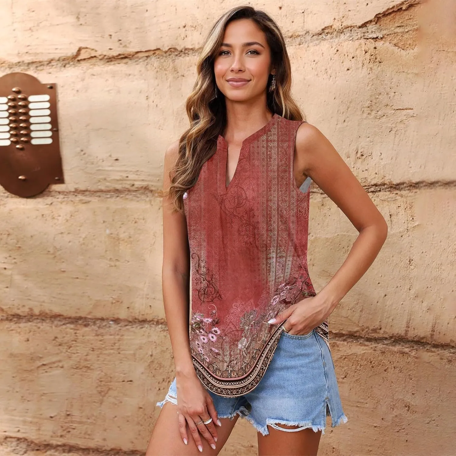 Popular Womens Casual V Neck Loose Sleeveless Top T-Shirt Summer Fashion Floral Printed Tops Flowy Camisole Basic