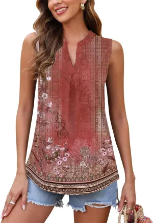 Popular Womens Casual V Neck Loose Sleeveless Top T-Shirt Summer Fashion Floral Printed Tops Flowy Camisole Basic