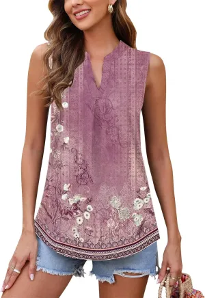 Popular Womens Casual V Neck Loose Sleeveless Top T-Shirt Summer Fashion Floral Printed Tops Flowy Camisole Basic
