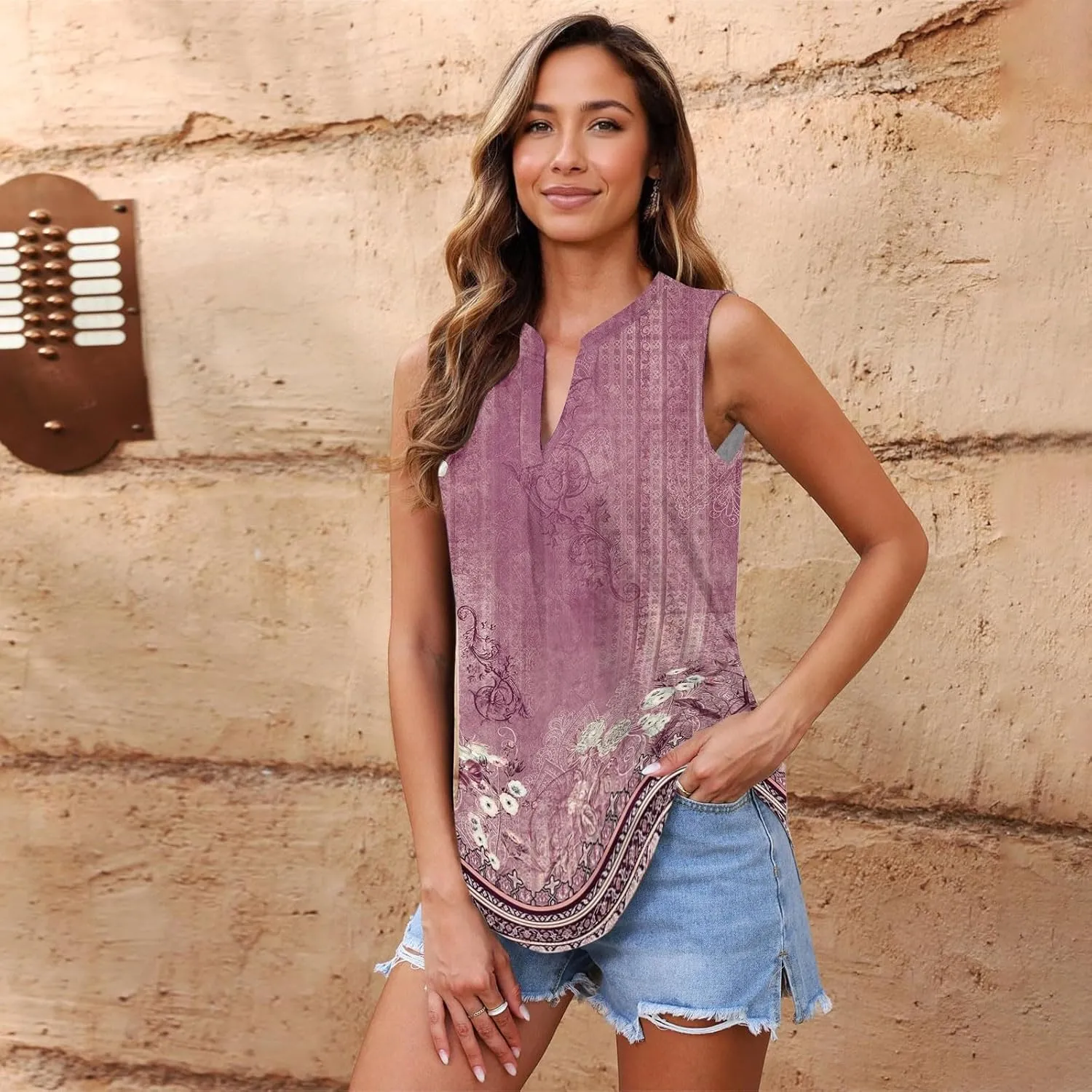 Popular Womens Casual V Neck Loose Sleeveless Top T-Shirt Summer Fashion Floral Printed Tops Flowy Camisole Basic