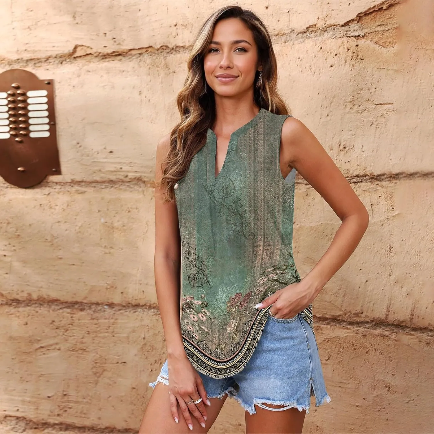 Popular Womens Casual V Neck Loose Sleeveless Top T-Shirt Summer Fashion Floral Printed Tops Flowy Camisole Basic