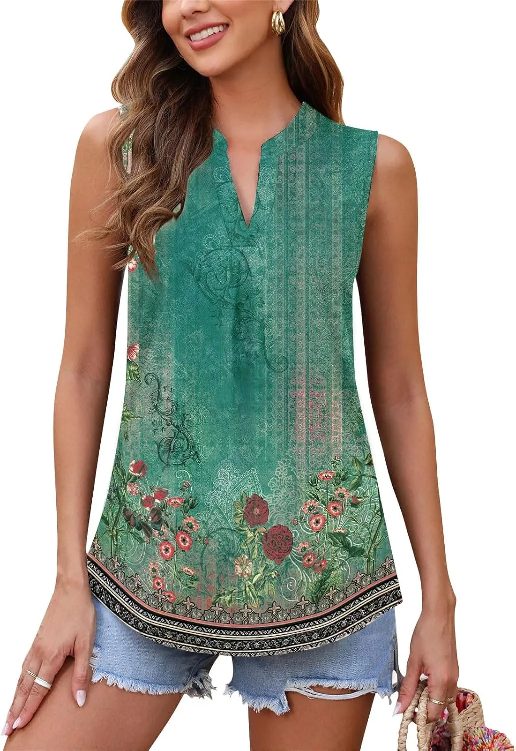 Popular Womens Casual V Neck Loose Sleeveless Top T-Shirt Summer Fashion Floral Printed Tops Flowy Camisole Basic