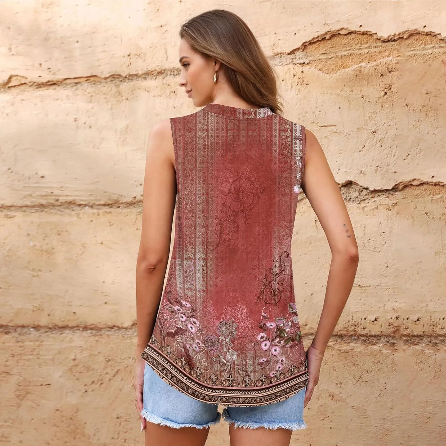 Popular Womens Casual V Neck Loose Sleeveless Top T-Shirt Summer Fashion Floral Printed Tops Flowy Camisole Basic