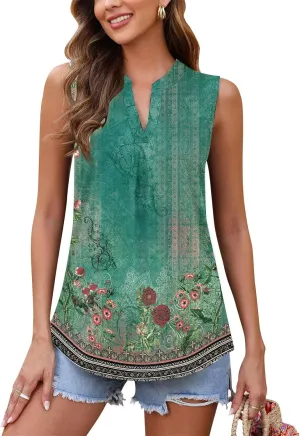 Popular Womens Casual V Neck Loose Sleeveless Top T-Shirt Summer Fashion Floral Printed Tops Flowy Camisole Basic