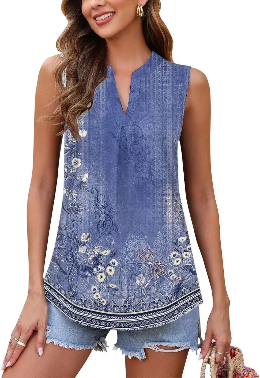 Popular Womens Casual V Neck Loose Sleeveless Top T-Shirt Summer Fashion Floral Printed Tops Flowy Camisole Basic