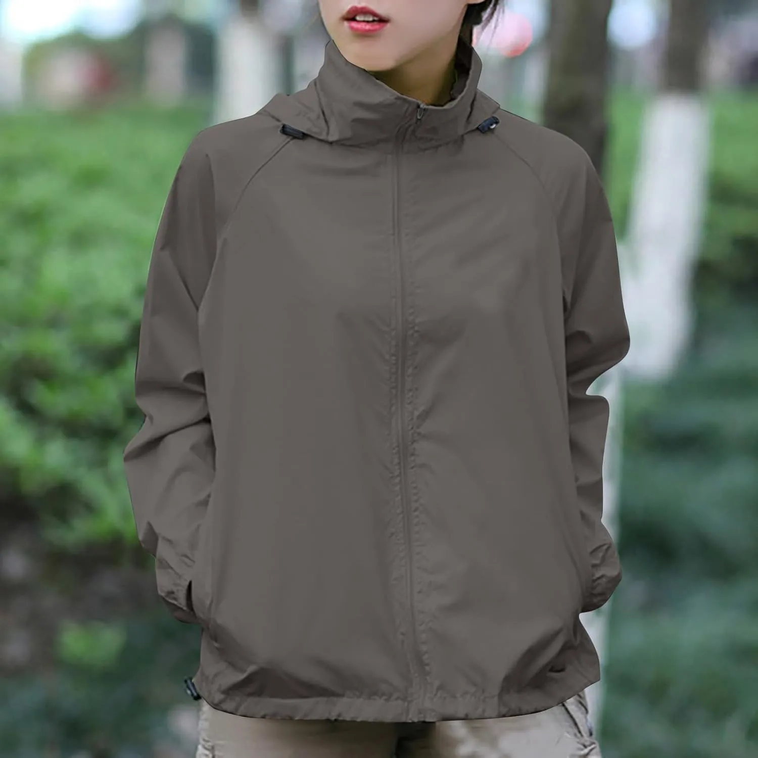 Rain Jacket for Women Lightweight Waterproof Raincoat Windbreaker Zip Up Jackets Outdoor Hooded Trench Coats