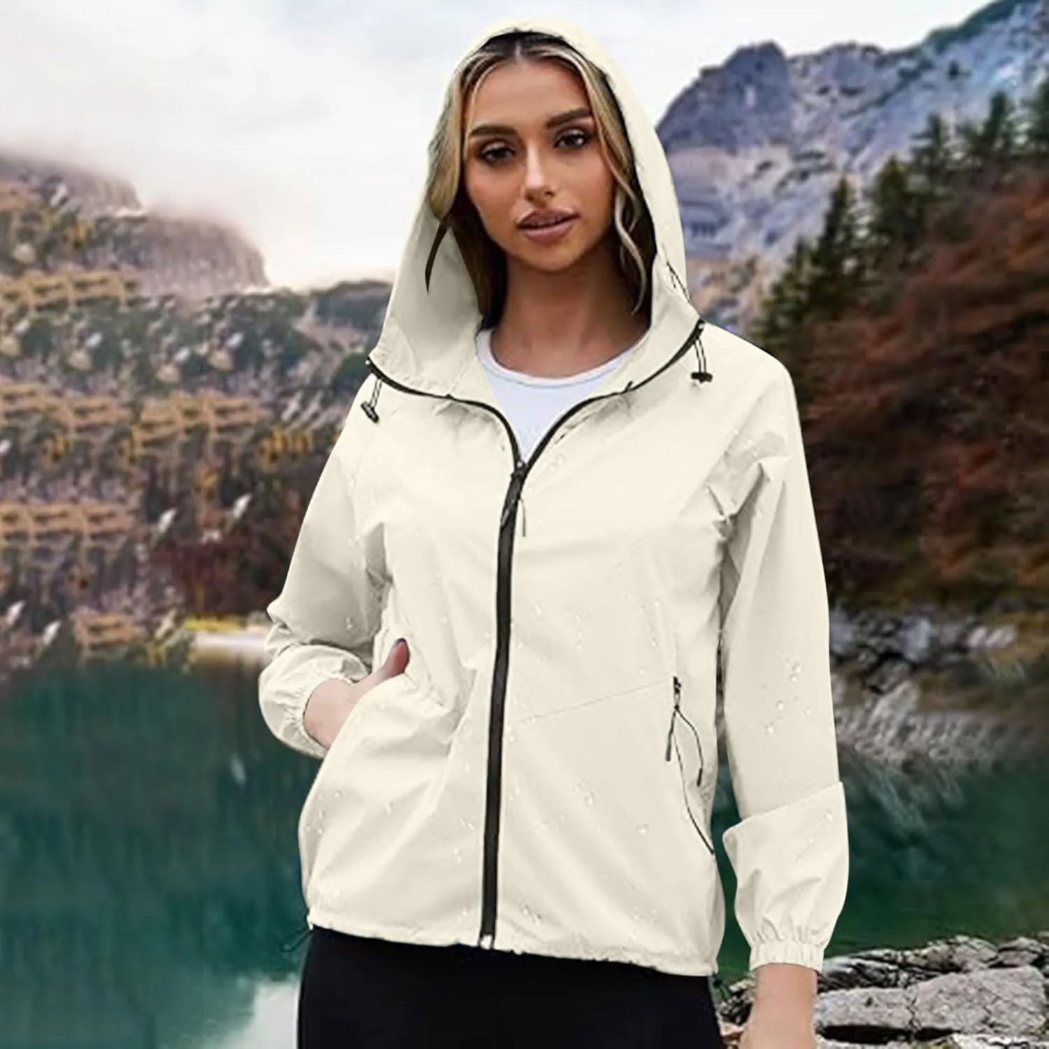 Rain Jacket Women Lightweight Raincoat Waterproof Windbreaker Packable Climbing Outdoor Cute Hooded Trench Coats