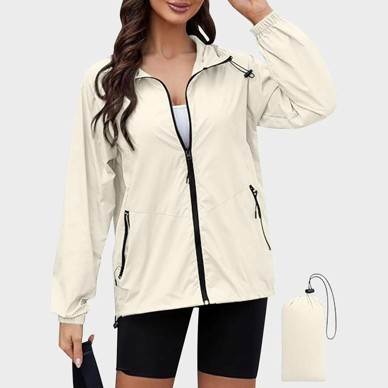 Rain Jacket Women Lightweight Raincoat Waterproof Windbreaker Packable Climbing Outdoor Cute Hooded Trench Coats