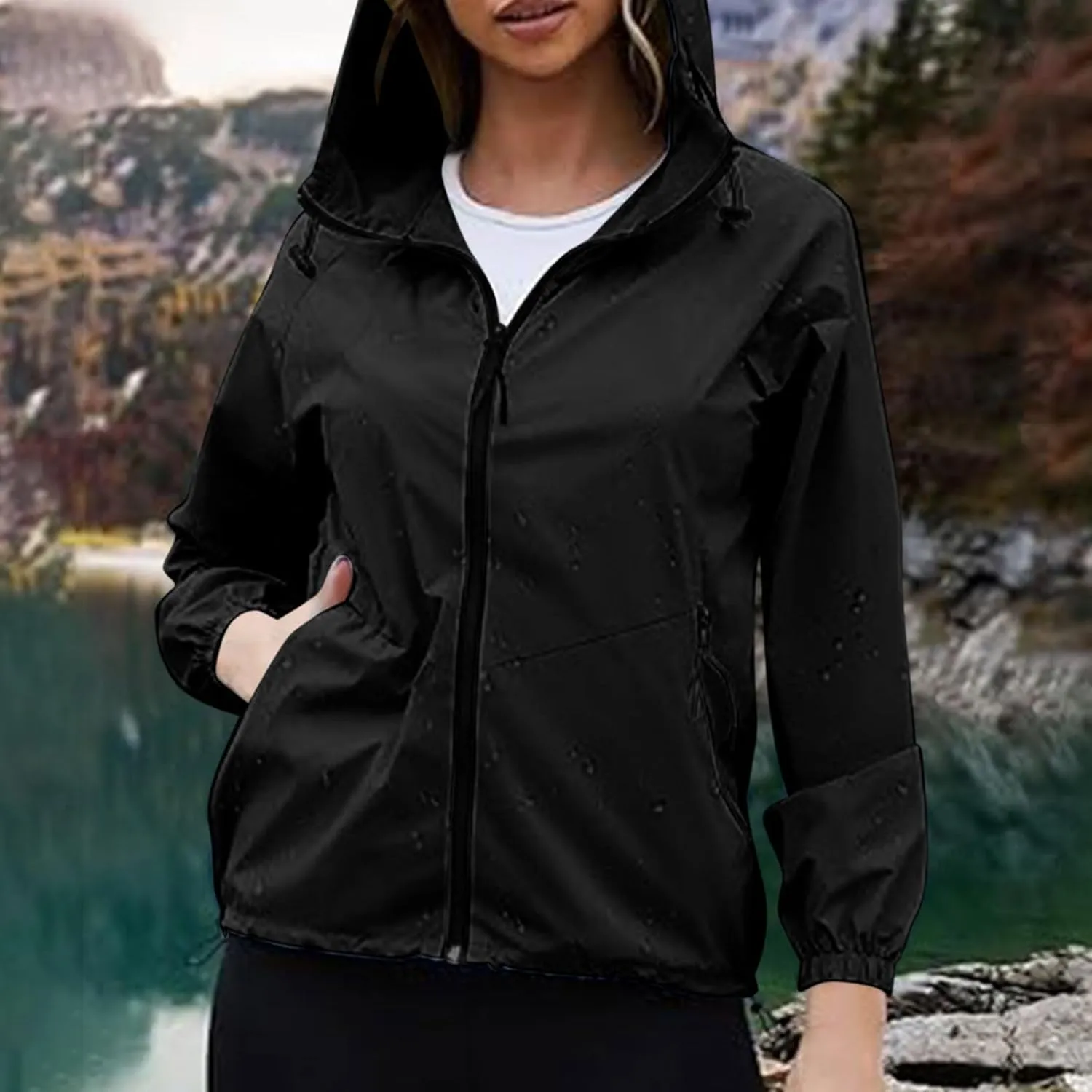 Rain Jacket Women Lightweight Raincoat Waterproof Windbreaker Packable Climbing Outdoor Cute Hooded Trench Coats