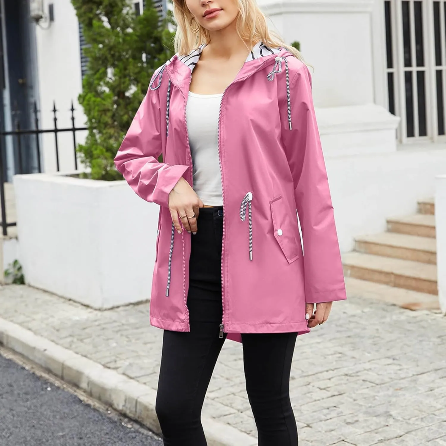 Rain Jacket Women Waterproof Long Hooded Trench Coats Lightweight Outdoor Lined Windbreaker Plus Size Travel Jackets