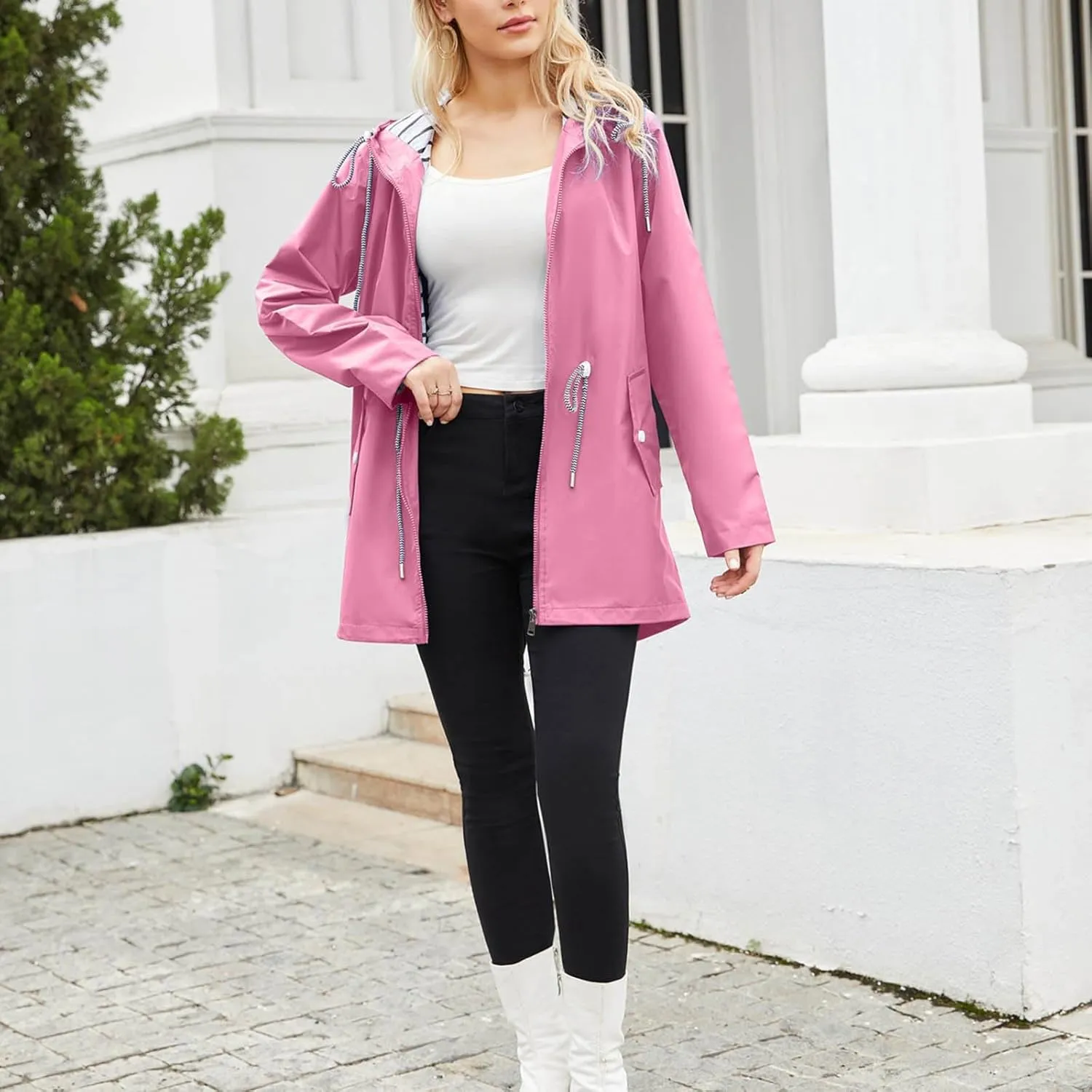 Rain Jacket Women Waterproof Long Hooded Trench Coats Lightweight Outdoor Lined Windbreaker Plus Size Travel Jackets
