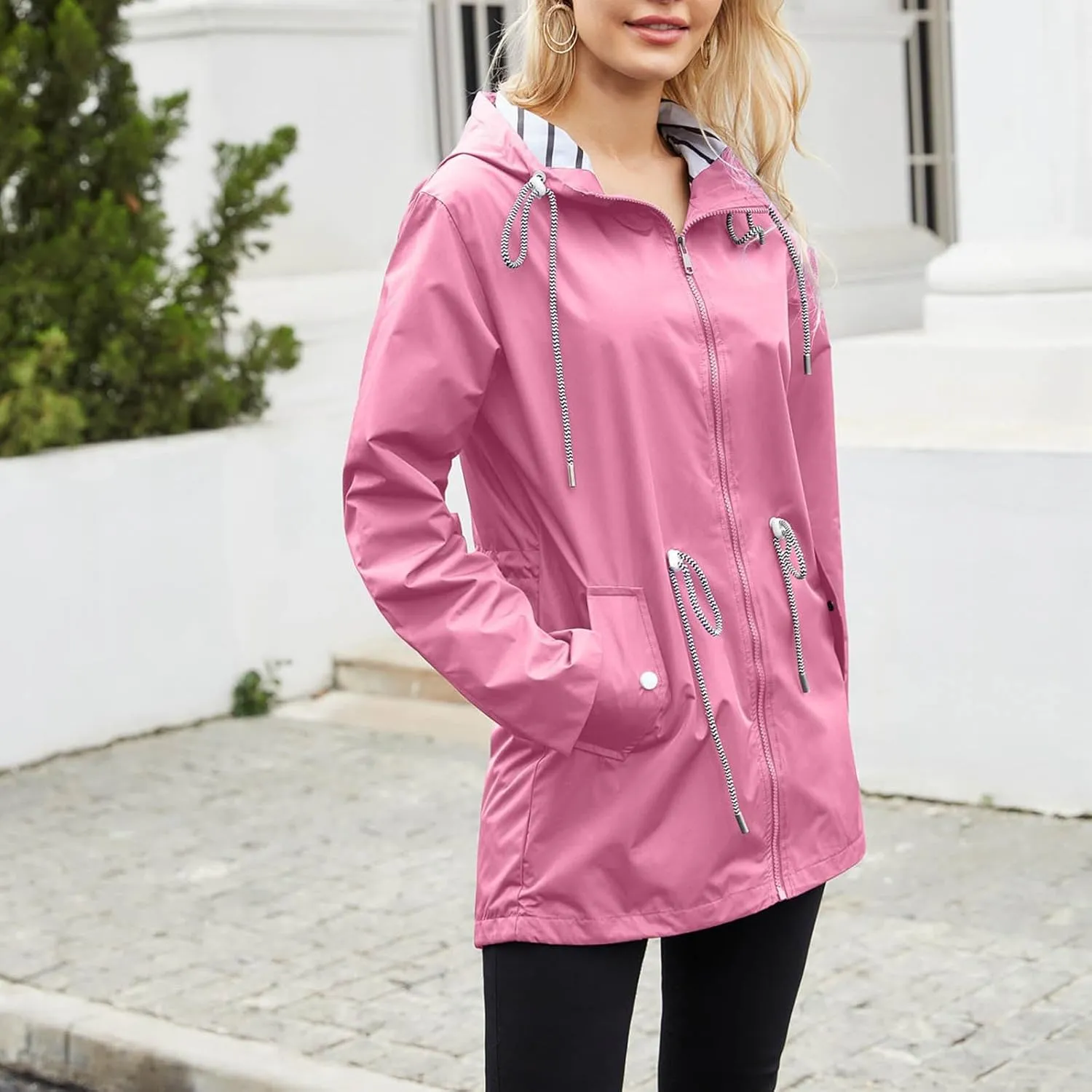 Rain Jacket Women Waterproof Long Hooded Trench Coats Lightweight Outdoor Lined Windbreaker Plus Size Travel Jackets
