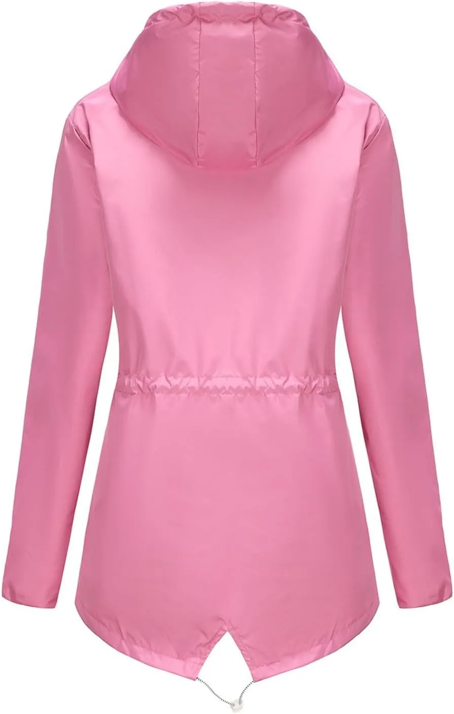 Rain Jacket Women Waterproof Long Hooded Trench Coats Lightweight Outdoor Lined Windbreaker Plus Size Travel Jackets
