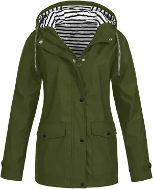 Raincoat For Women Fashion Waterproof Jackets With Pockets Zip Up Hooded Outerwear Trench Coat For Women 2024