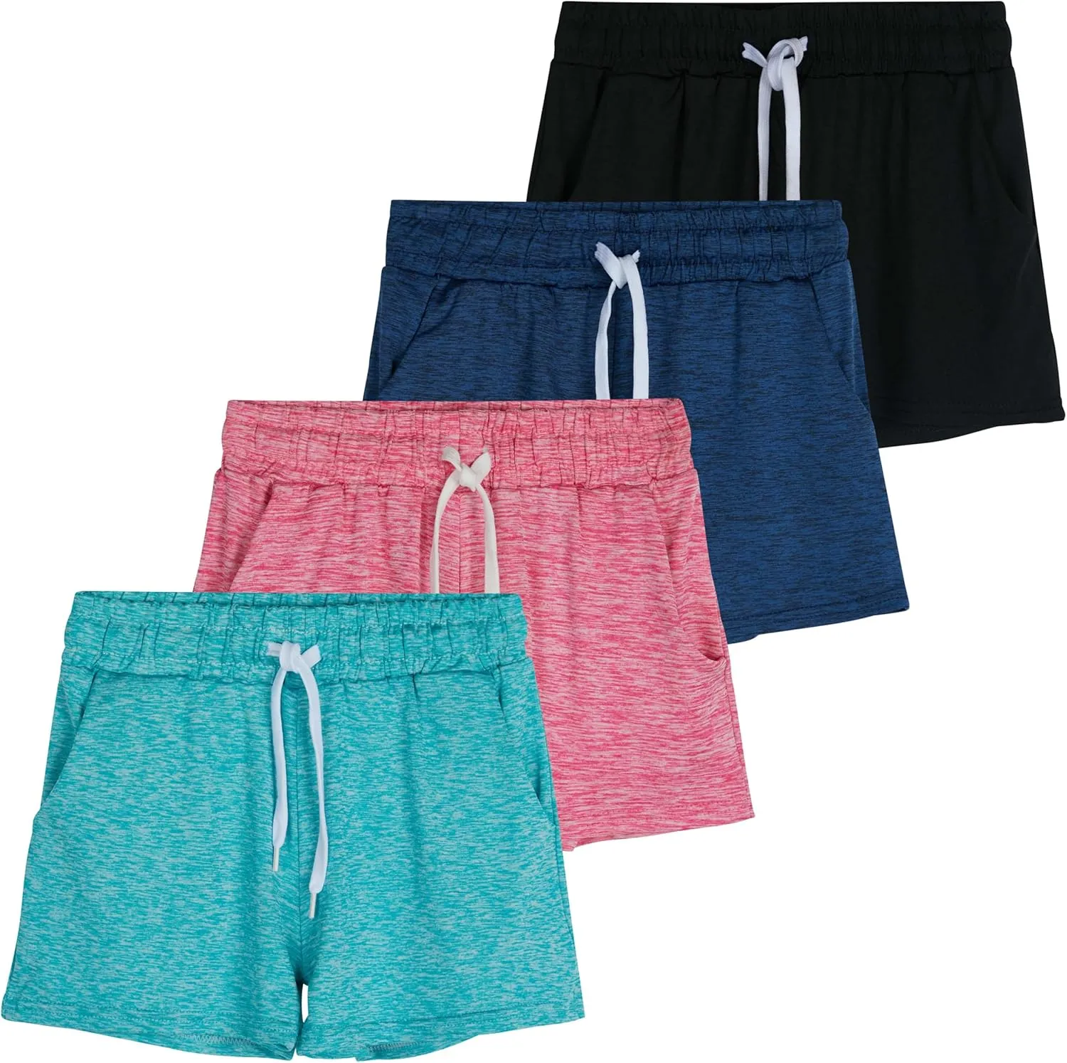 Real Essentials 4 Pack: Girls Athletic Performance Dry-Fit Running Shorts with Drawstring & Pockets