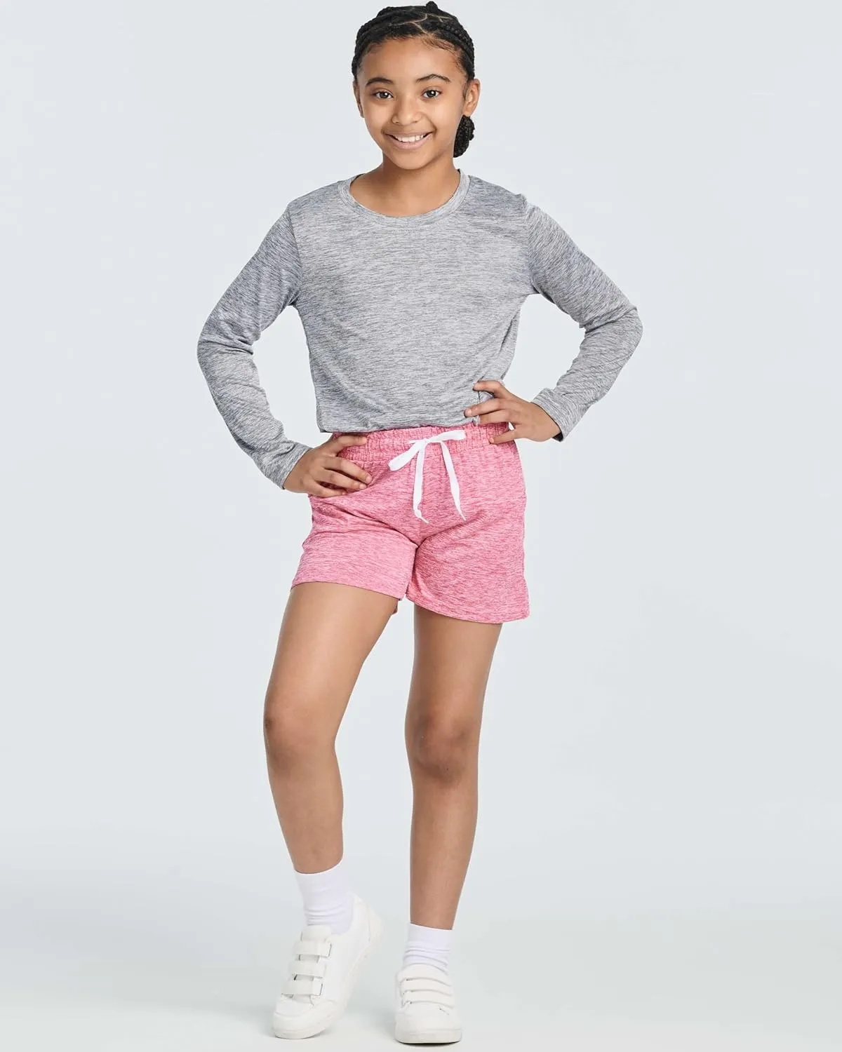 Real Essentials 4 Pack: Girls Athletic Performance Dry-Fit Running Shorts with Drawstring & Pockets