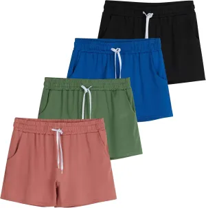 Real Essentials 4 Pack: Girls Athletic Performance Dry-Fit Running Shorts with Drawstring & Pockets