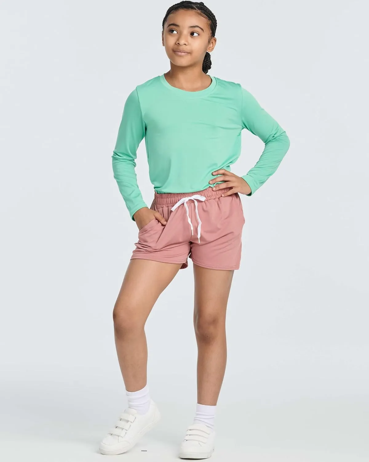 Real Essentials 4 Pack: Girls Athletic Performance Dry-Fit Running Shorts with Drawstring & Pockets