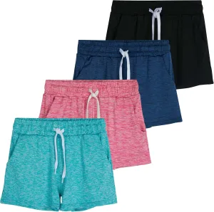 Real Essentials 4 Pack: Girls Athletic Performance Dry-Fit Running Shorts with Drawstring & Pockets